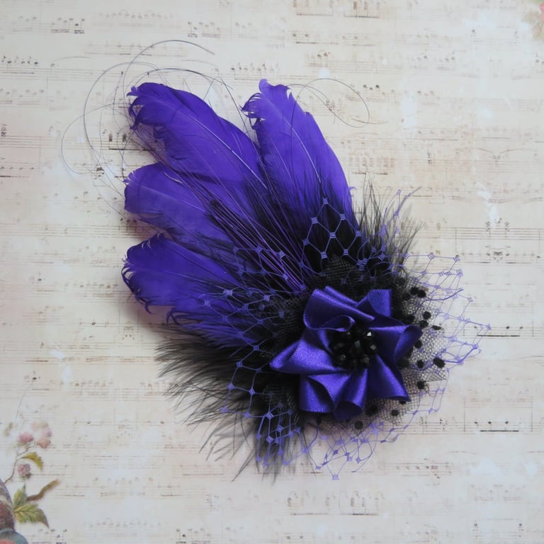 Purple and Black Feather Dark Regency Style Headpiece Fascinator