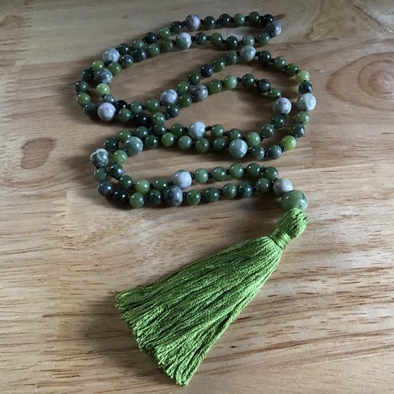 Natural green Jade and Peace Jade (108 bead) hand knotted long tassel necklace