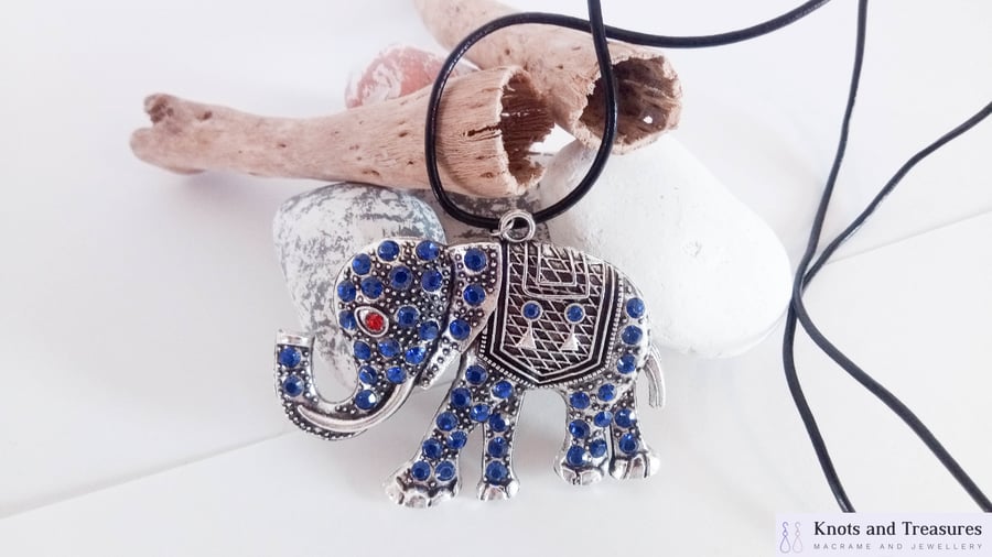 Large Rhinestone Elephant Pendant Leather Necklace