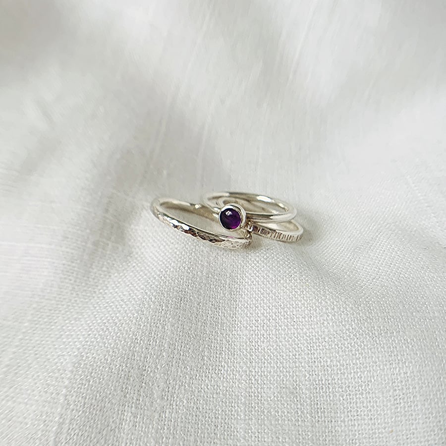 Stacking Rings with Purple Amethyst Cabochon - set of 3