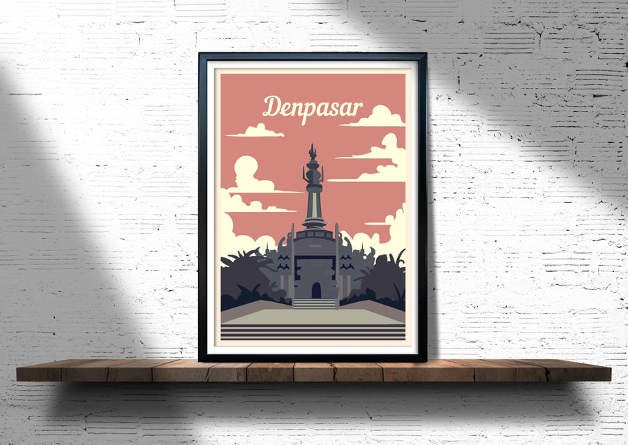 Denpasar retro travel poster, Denpasar print, Indonesia travel poster