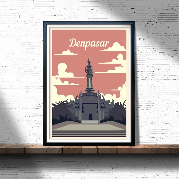 Denpasar retro travel poster, Denpasar print, Indonesia travel poster