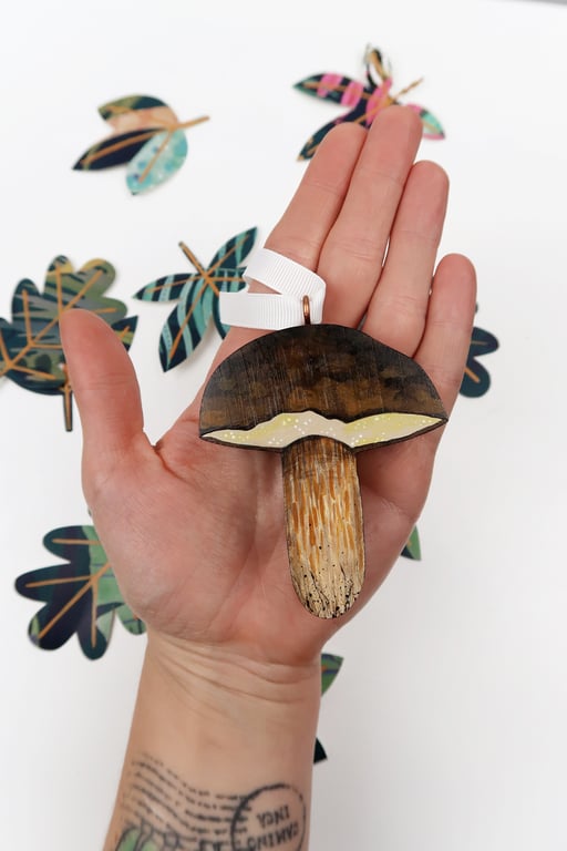Bay bolete hanging ornament, mushroom decoration for Christmas tree.