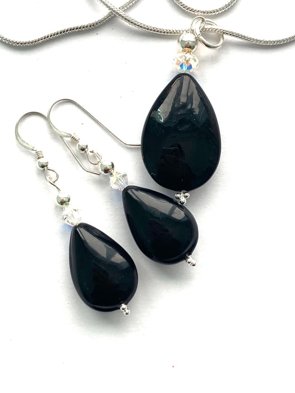 Murano glass black pendant and earring set with Swarovski and sterling silver.