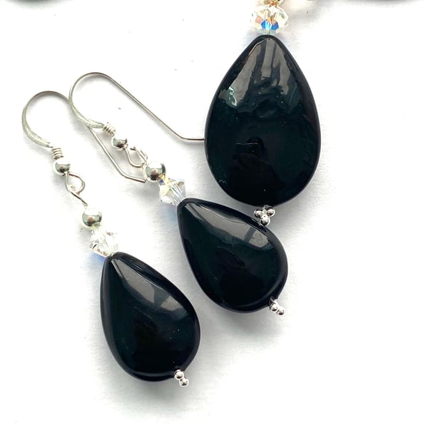 Murano glass black pendant and earring set with Swarovski and sterling silver.