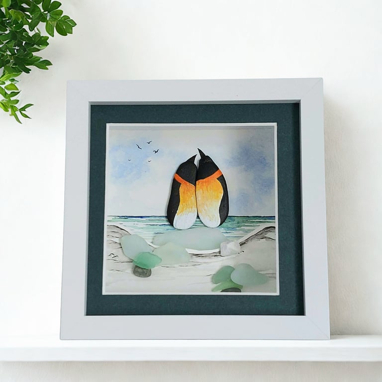 Penguins Watercolour Beach Art - Original Framed Coastal Picture