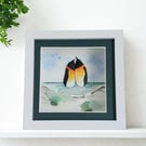 Penguins Watercolour Beach Art - Original Framed Coastal Picture
