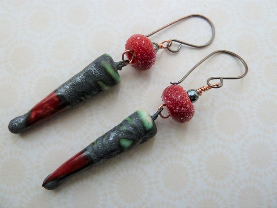 red and grey lampwork and ceramic copper earrings