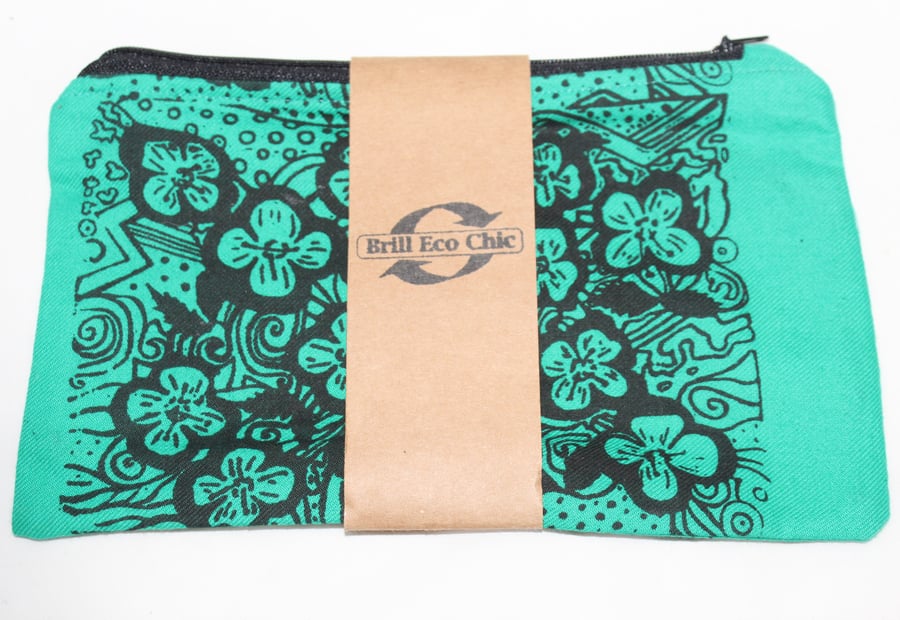 Zip up green abstract floral handprint, make up bag,pouch, pencil case,eco gift 