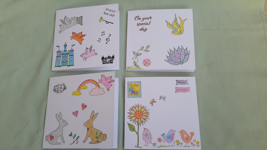Pack of 4 Cards & Tags, Birthday, General, Blank cards, Hand printed & Coloured