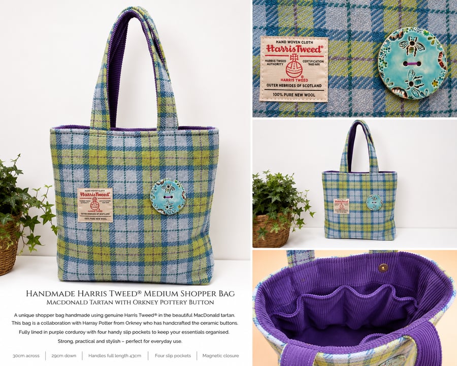 Handmade Harris Tweed® Shoulder Bag with Rare Handmade Ceramic Bee Button 