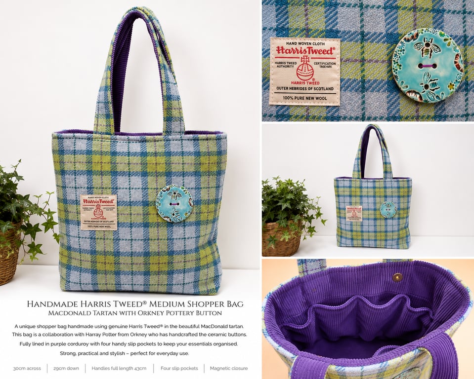 Handmade Harris Tweed® Shoulder Bag with Rare Handmade Ceramic Bee Button 