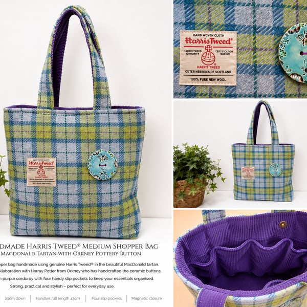 Handmade Harris Tweed® Shoulder Bag with Rare Handmade Ceramic Bee Button 