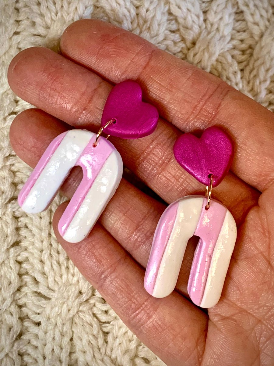 Polymer Clay Mini Arch Stud Dangle Earrings - stripey pink Valentines Day outfit