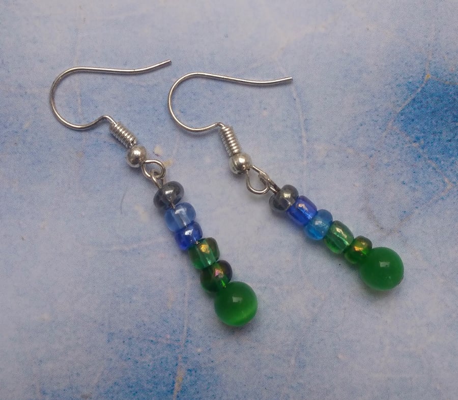 Glass Beaded Earrings in Blues and Greens