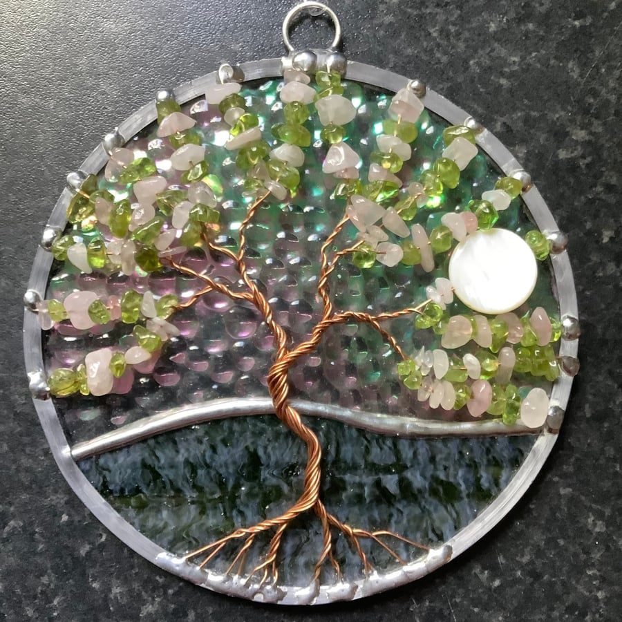 Rose quartz with peridot tree of life suncatcher