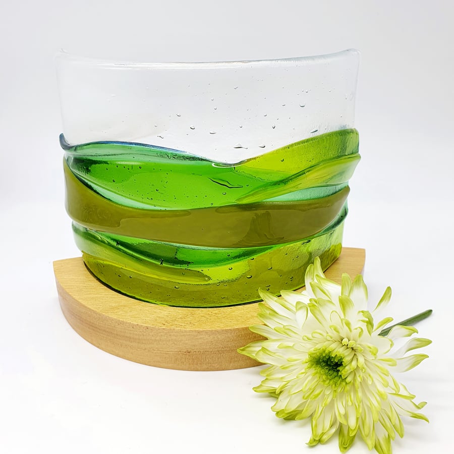 'Rolling Hills' fused glass curved panel in a curved wooden stand 