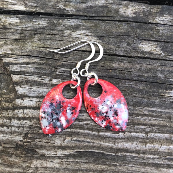 ‘Radlin’ Red and grey enamel scale earrings. Sterling silver. 