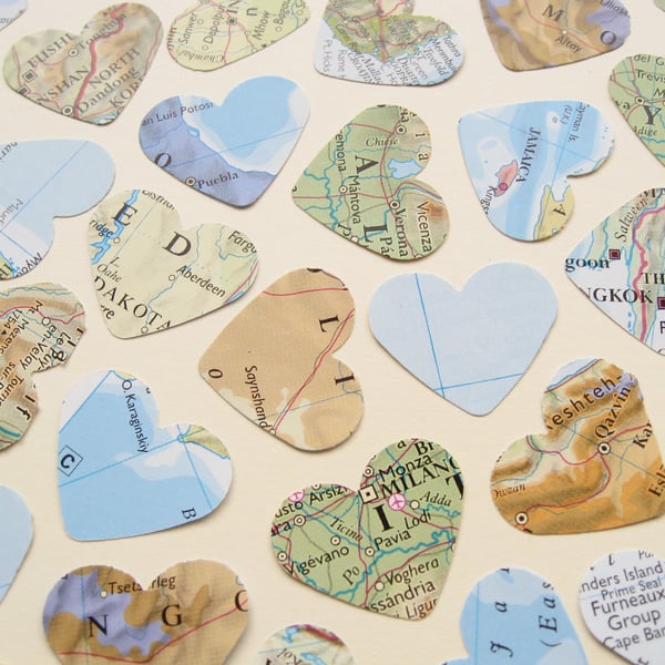300 Confetti Map Atlas Hearts - Wedding Birthday Travel - Table Decor