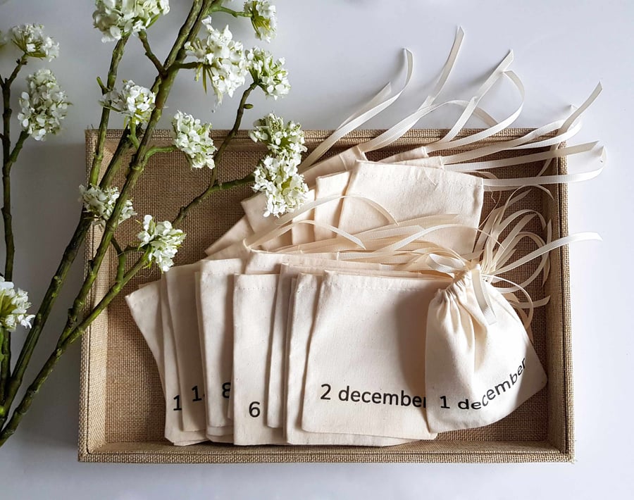 Contemporary Advent Calendar Pouches with Ivory Eco-Grosgrain Ribbon