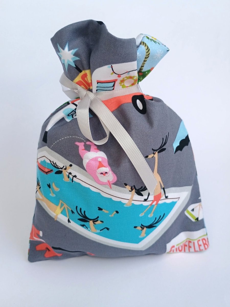 Christmas Gift Bags - Santa on Holiday reusable fabric mini sack