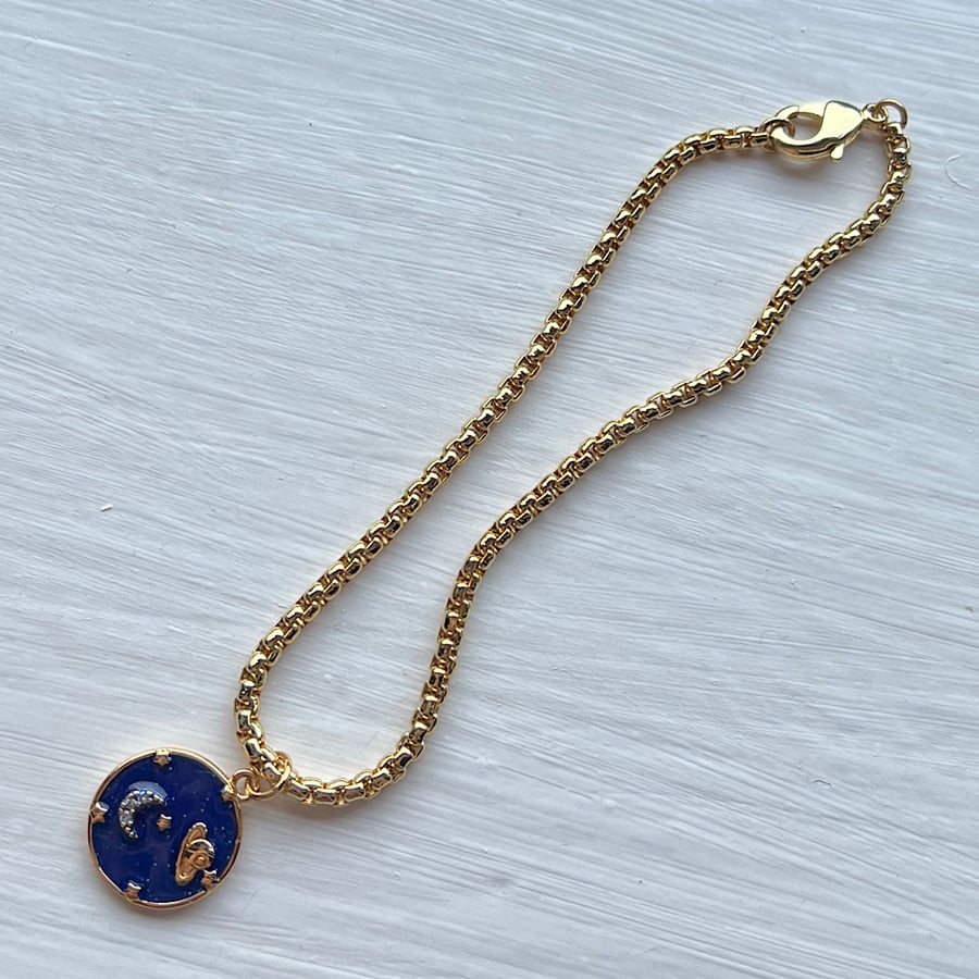 14k Gold Plated Bracelet with Charm Enamel Planet Space Box Chain