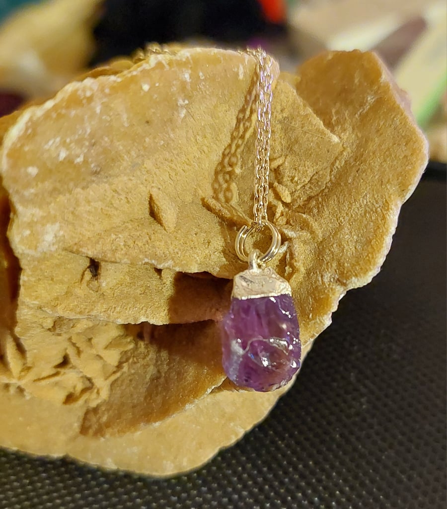 Raw Amethyst Crystal and Sterling Silver Necklace - February Birthstone