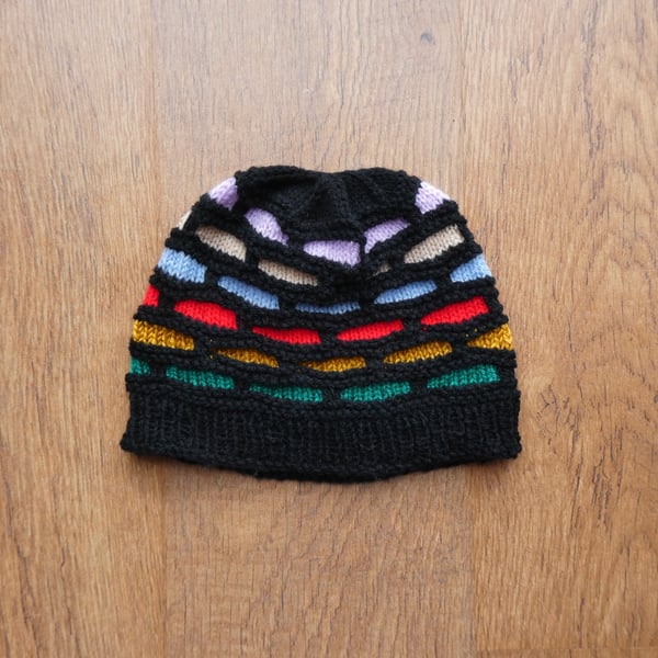 Knitted handmade black and multicoloured hat - unisex