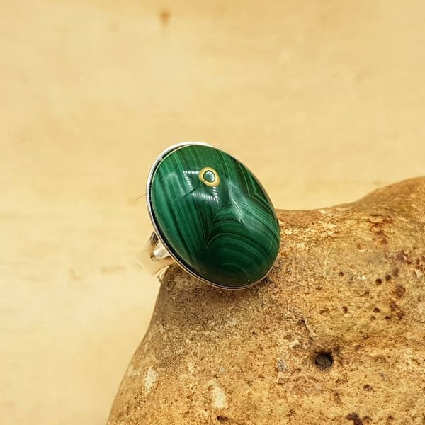 Green Malachite ring. Sterling Silver Adjustable rings for women. 18x13mm stone