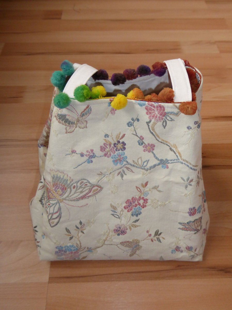  Project Bag with Pom Pom Trim. Butterfly Print Bag. Project Holdall