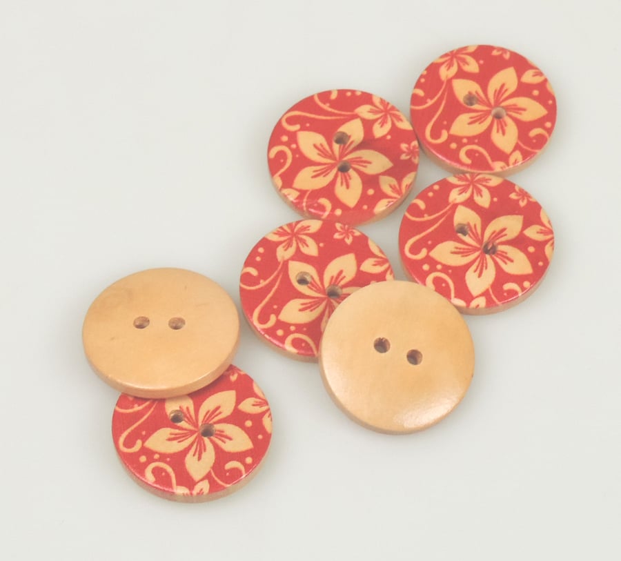 Tropical Flower pattern, 25mm, 2.5cm Round wooden buttons, Red Floral