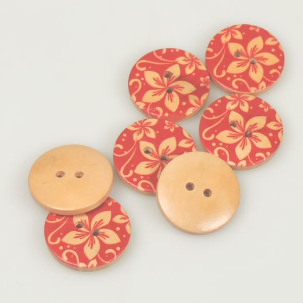 10 x Tropical Flower pattern, 25mm, 2.5cm Round wooden buttons, Red Floral