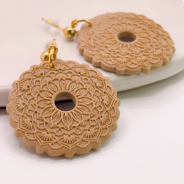 Handmade Mandala Dangle Earrings , Neutral Clay Statement Jewellery