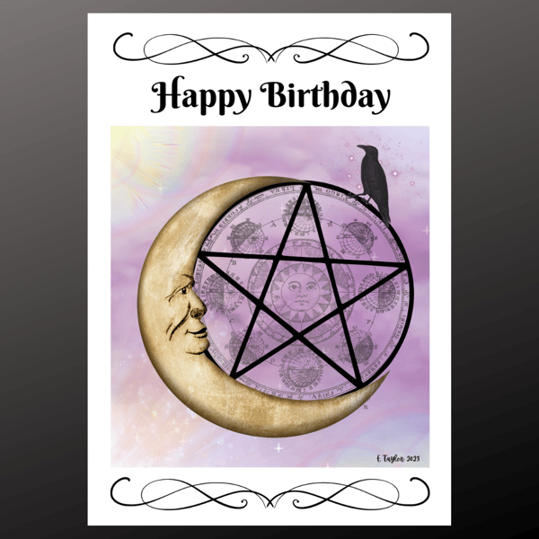 Moon Pentagram Happy Birthday Card Personalised Seeded Wiccan Pagan Gothic
