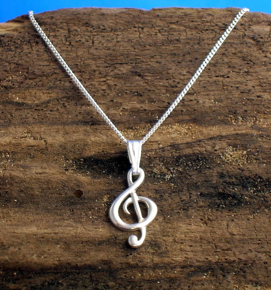 Silver Treble Clef pendant, Treble clef necklace, Music note pendant.