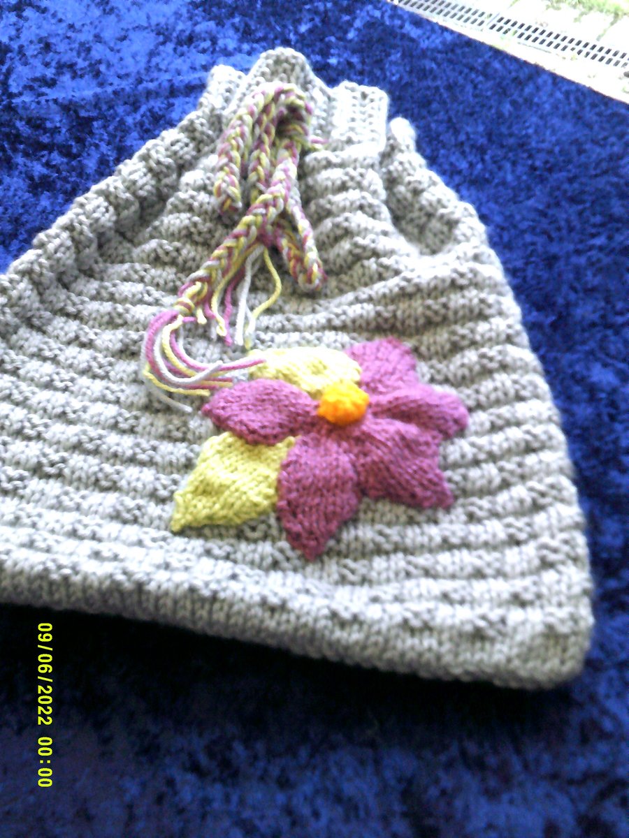 Pale Grey Aran Hot Water Bottle Cover with Pink Flower