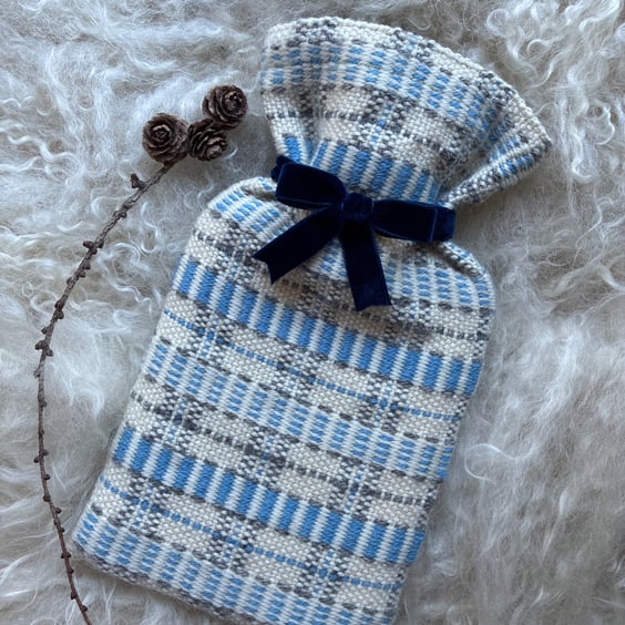 Mini Hotwater bottle - Blue & Grey stripe. Handwoven in Wales