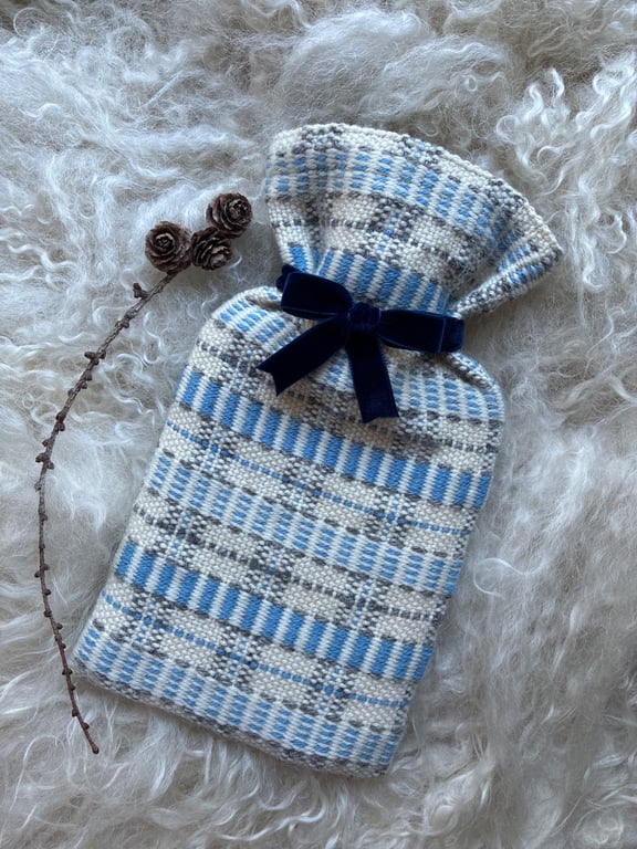 Mini Hotwater bottle - Blue & Grey stripe. Handwoven in Wales