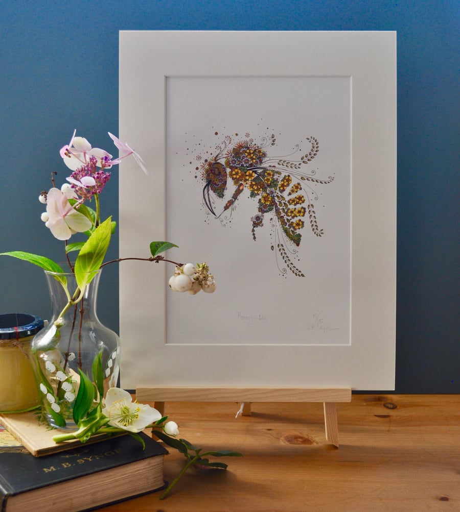 Exquisitely detailed Honey Bee Print 12 x 15 mounted, ready to frame