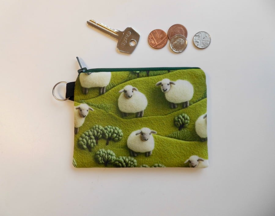 Coin purse sheep in green meadow print fabric