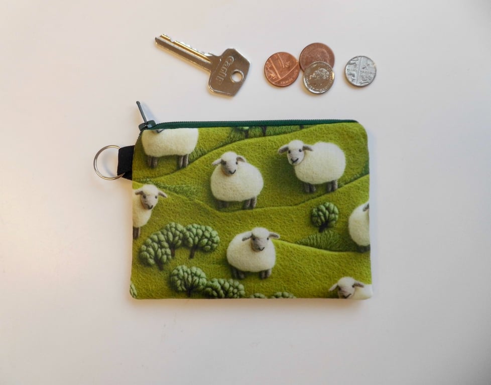 Coin purse sheep in green meadow print fabric
