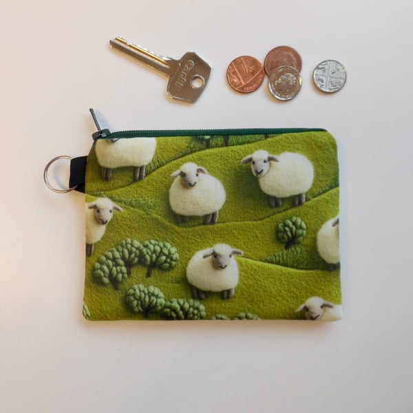 Coin purse sheep in green meadow print fabric