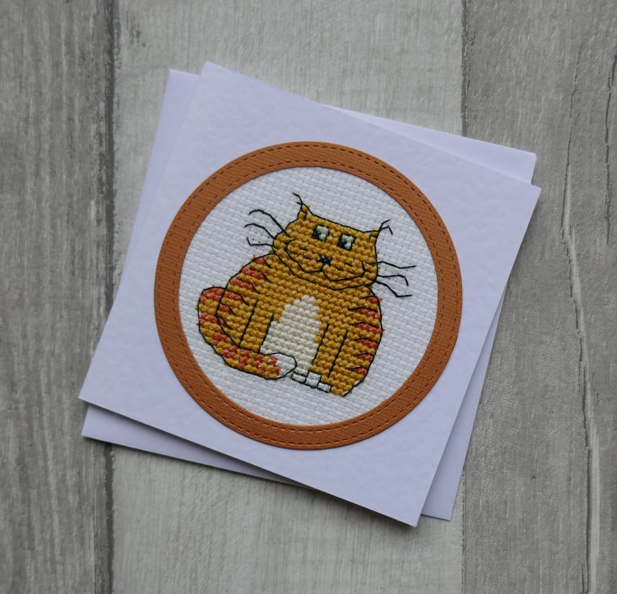 Cross Stitch Fat Cat - Blank Greetings Card
