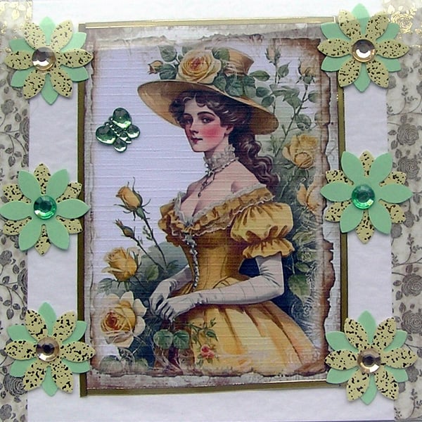 Edwardian Style Lady - Hand Crafted Decoupage Greeting Card - Blank 3135