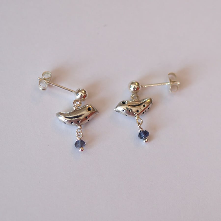 Little Patterned Bird and Iolite Earrings - handmade jewellery