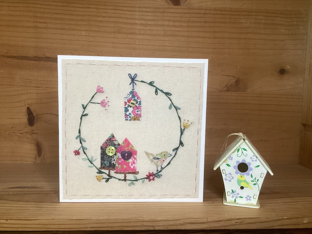 Hand Embroidered greetings card - Little Birdy House 