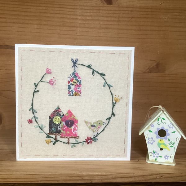 Hand Embroidered greetings card - Little Birdy House 