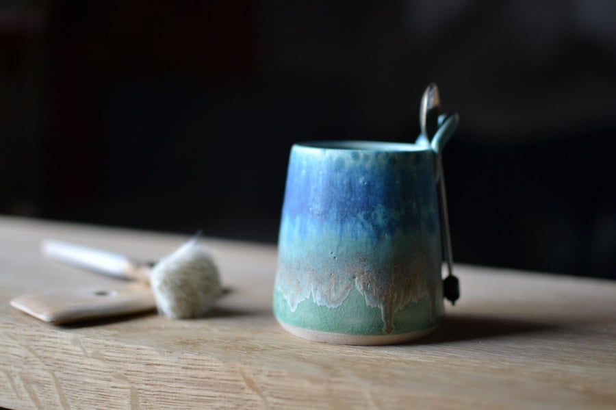 Skyline Sugar bowl & Spoon - handmade ceramic, glazed in greens and turquoise
