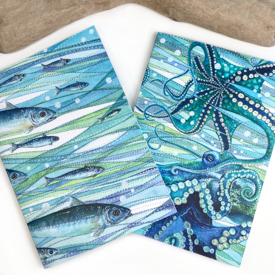 Nautical Notebooks (Set of 2) A5 Fish & Octopus Lined Seaside Notepad Stationery