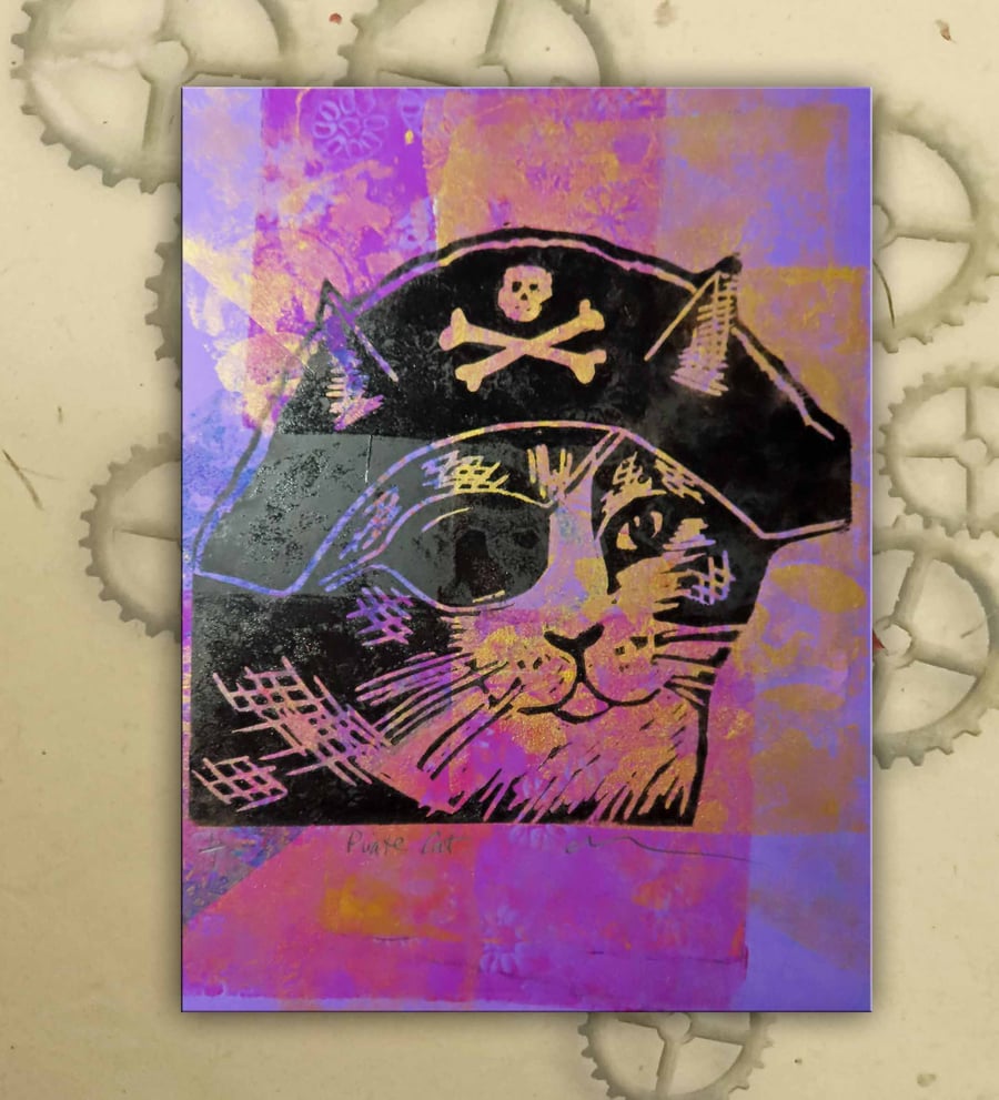 Pirate Cat One off Hand-Pulled Linocut & Gelli Print Purple